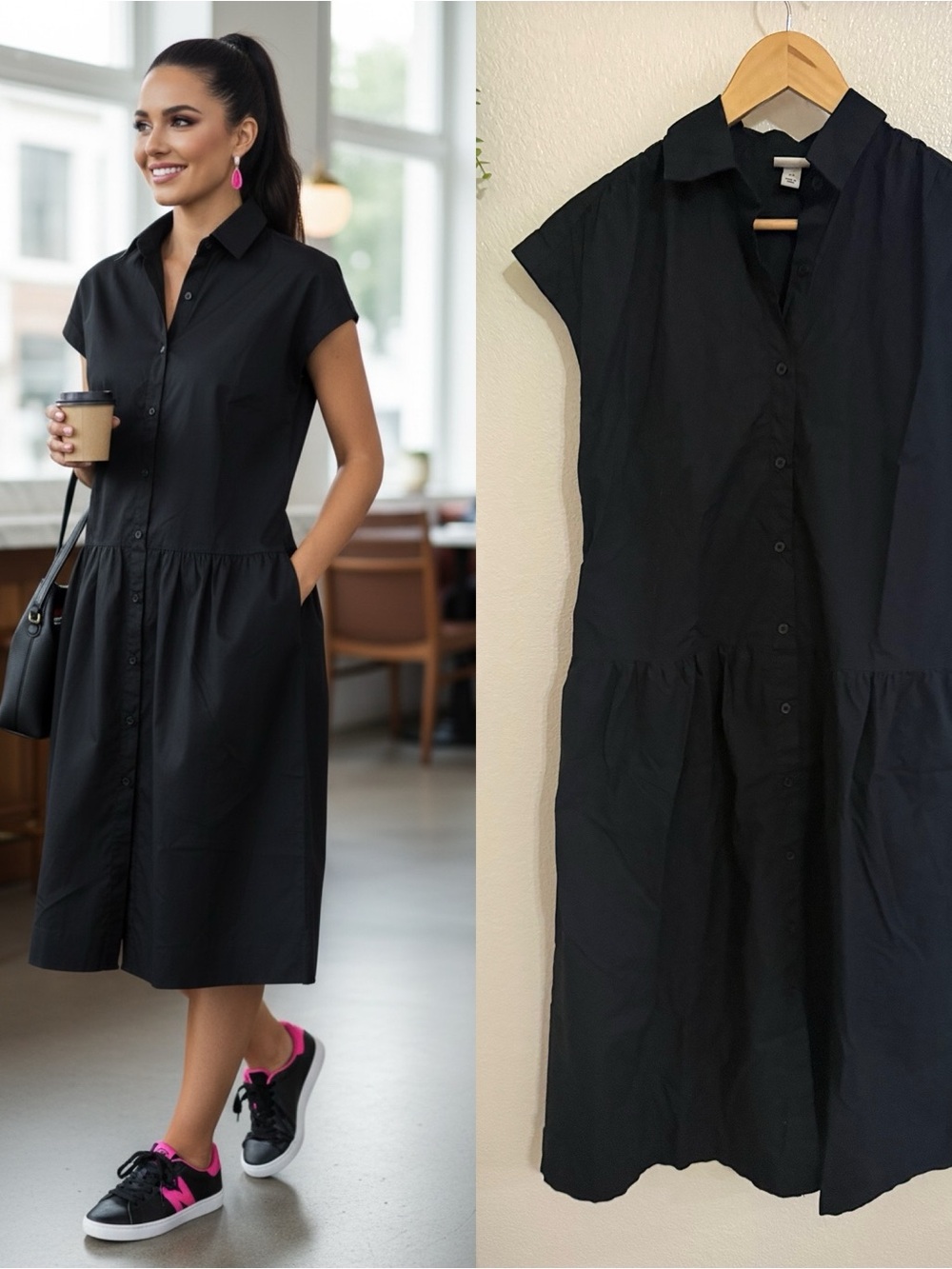 A New Day Black 100% Cotton Button Front Midi Shirt Dress XS Pockets